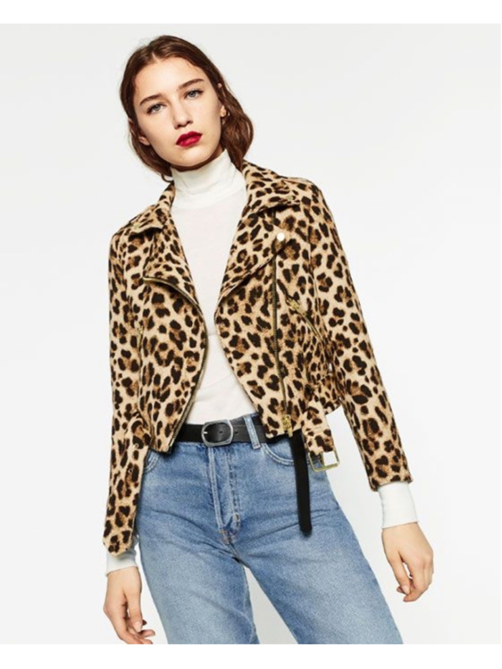 Zara Leopard Print Moto Jacket Belted Biker Jacket Size M